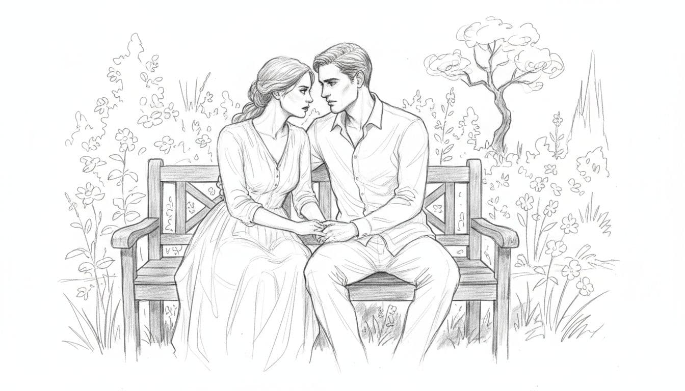 Hand-drawn sketch of couple sitting close on wooden bench in dusk garden, one leaning with intense gaze.