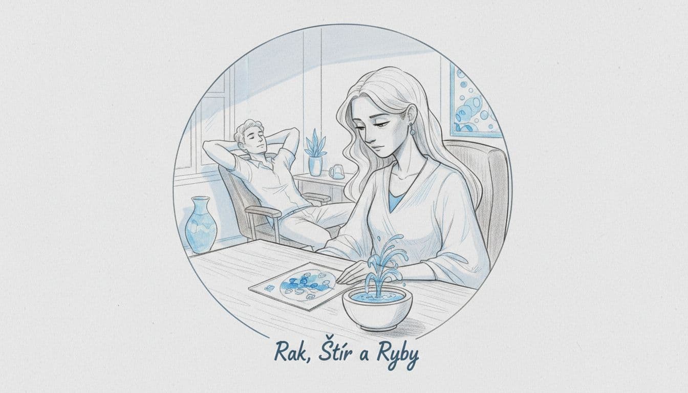 Hand-drawn graphite sketch of an empathetic, intuitive boss representing water zodiac signs (Cancer, Scorpio, Pisces), relaxed in a chair thoughtfully viewing a team photo or calendar on a desk in a soft-lit office with water elements like a fountain or blue accents.