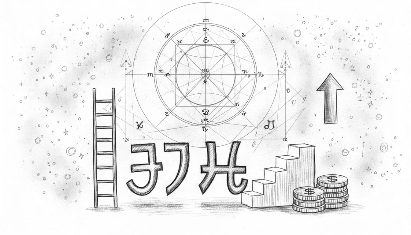 Hand-drawn graphite sketch of a centered astrological map with Jupiter and Saturn planets in the foreground, career symbols including ladders, stairs, and coins for finance, set against a starry sky background with detailed linework and light shading on white paper.