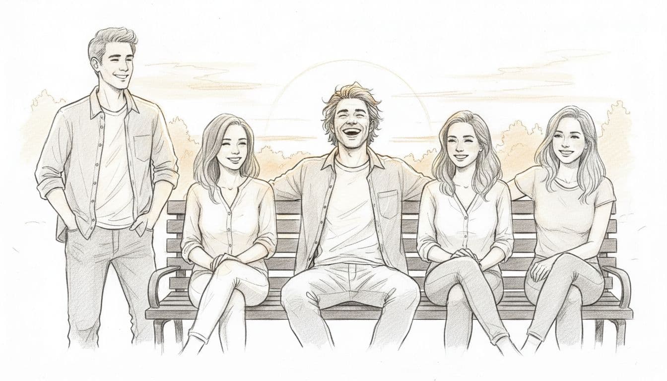Hand-drawn graphite sketch of a central charismatic adult laughing heartily, surrounded by four smiling friends on a park bench during golden hour sunset, featuring relaxed casual poses, natural smiles, light shading for warmth, and clean white paper background.