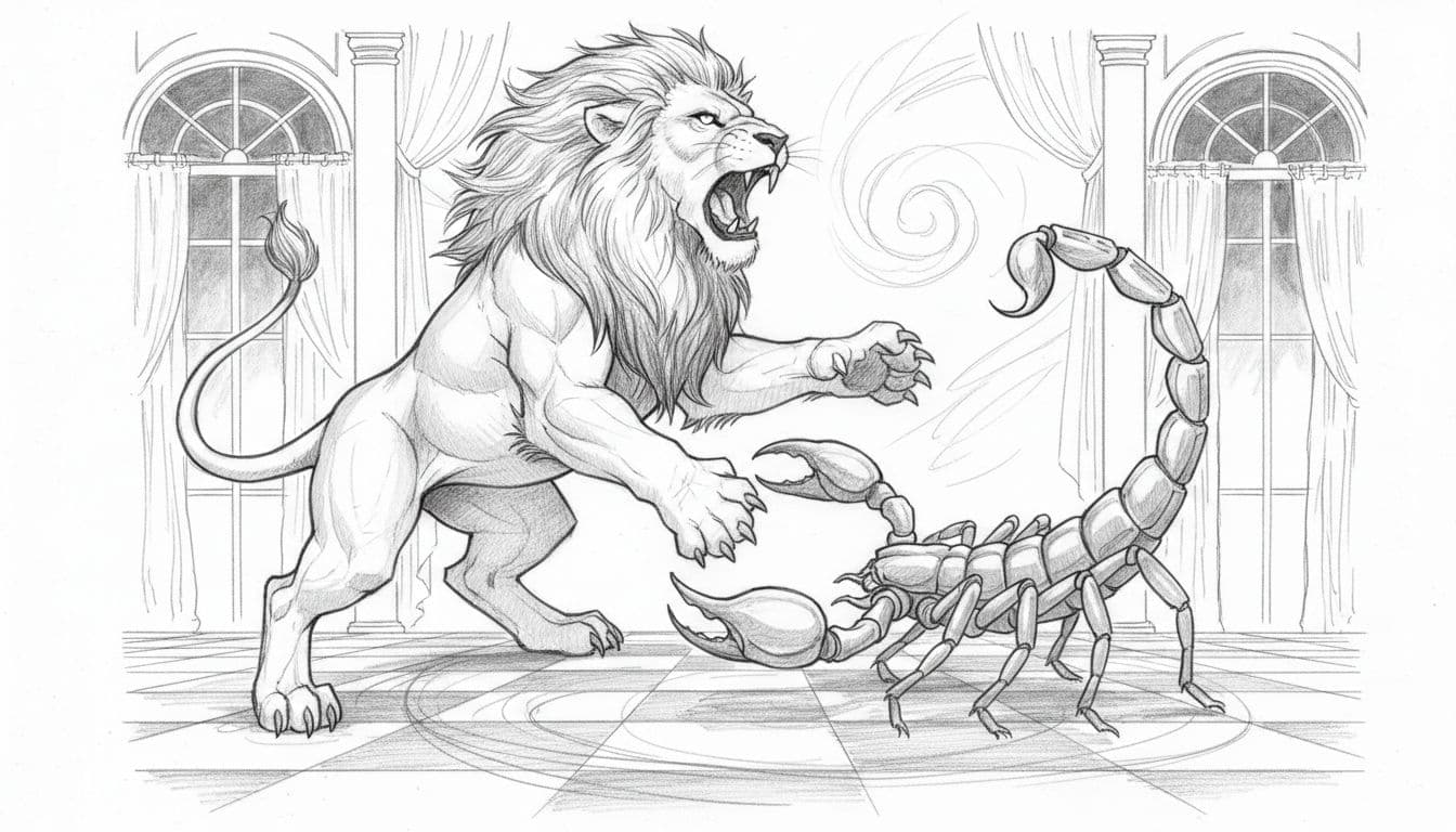 Hand-drawn graphite sketch of proud lion (Leo) roaring at intense scorpion (Scorpio) striking with tail on passionate evening ballroom floor. Dynamic close-up highlights power struggle in pale neutral palette with light shading.