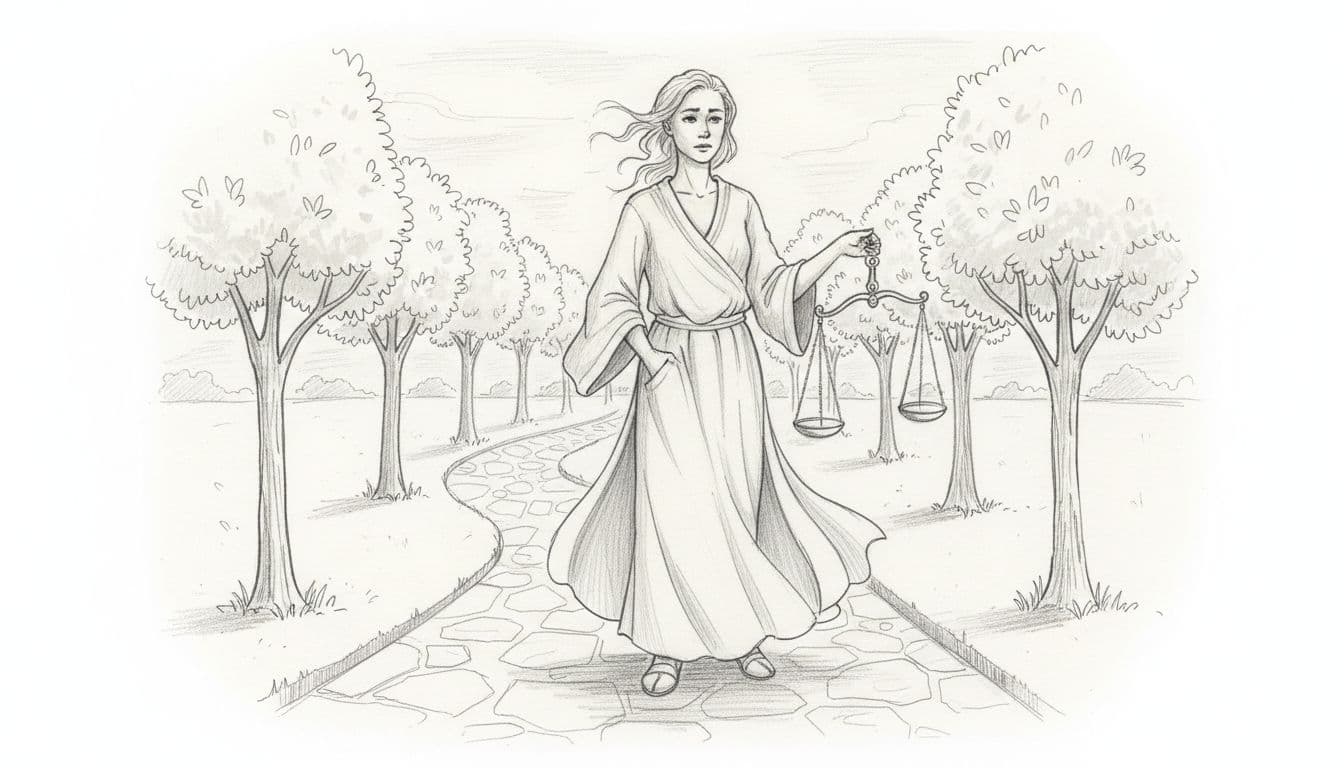Hand-drawn graphite sketch of a single person embodying the Libra zodiac sign, standing relaxed on a park path with a gentle breeze, holding a symbolic scale loosely at their side, featuring a thoughtful expression, light shading, neutral grays on clean white background.