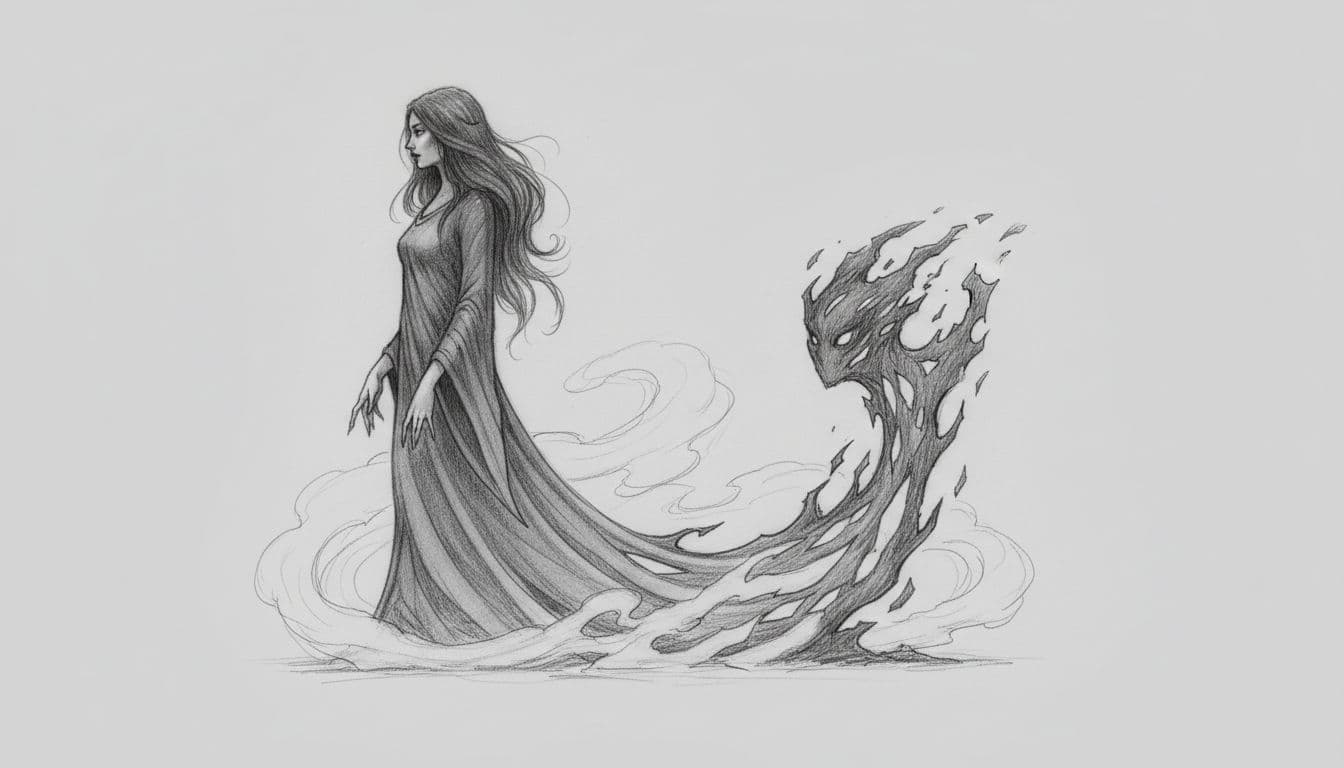 Hand-drawn graphite sketch of a dark mystical woman standing in mist, her elongating shadow detaching to form an independent figure with wild eyes, side composition in dim light on light gray paper.
