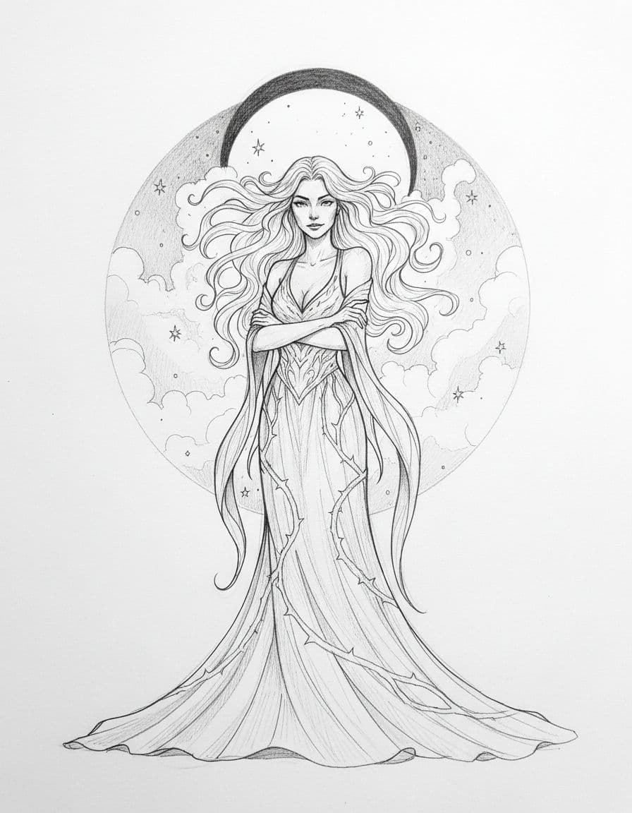 Hand-drawn sketch of a woman standing under a dark moon in starry sky, with flowing hair and confident pose on white background.