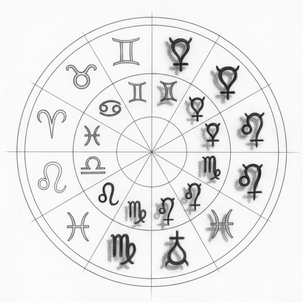 Hand-drawn sketch of a circular zodiac wheel featuring all 12 astrological signs, each with a dark shadow Lilith symbol beside the classical symbol, on a light gray paper background with precise graphite lines and subtle shading.