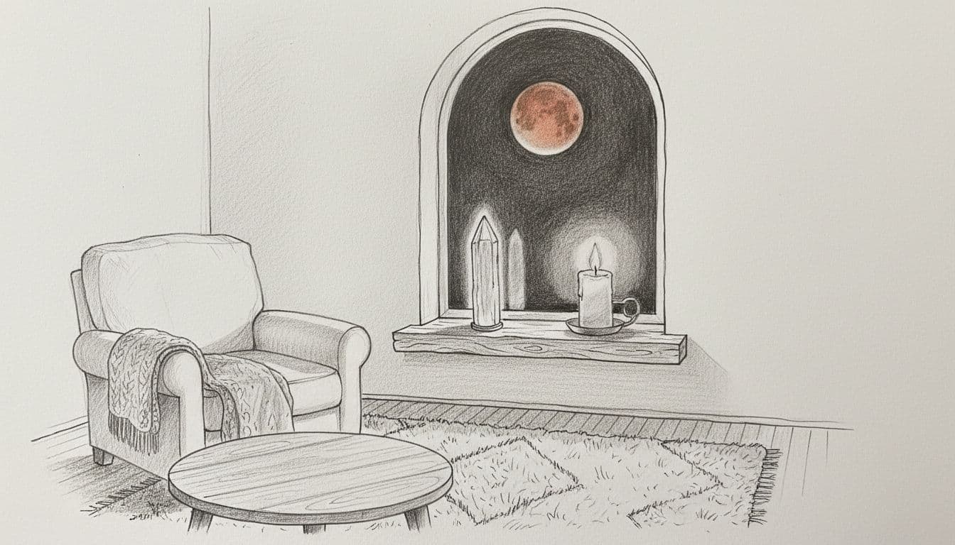 Hand-drawn graphite sketch of a cozy room interior at night, featuring a full moon eclipse through the window, glowing selenite crystal and candle on the windowsill, evoking a calm meditative ritual scene.