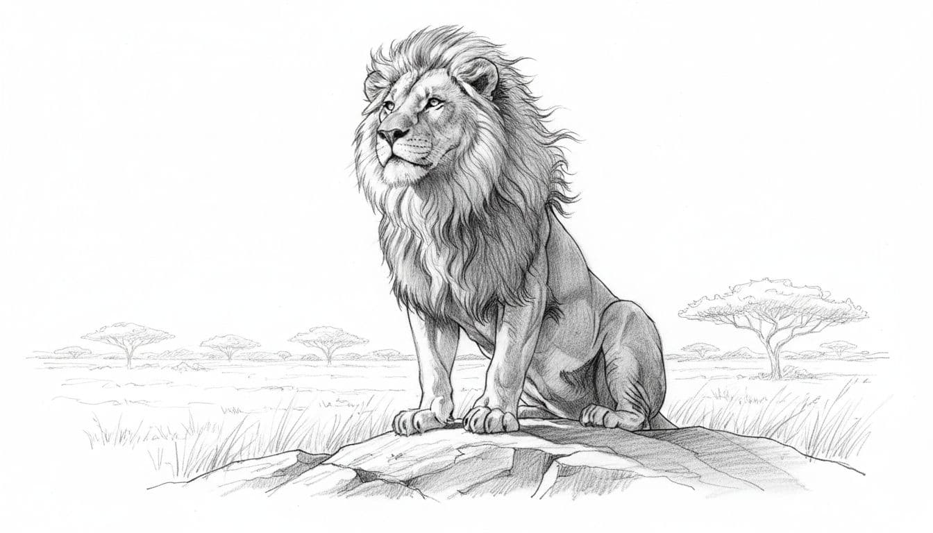 Hand-drawn graphite sketch of a majestic lion with flowing mane sitting proudly on a rocky outcrop in a sunny savanna, low-angle view emphasizing power and symbolism of the Leo zodiac.