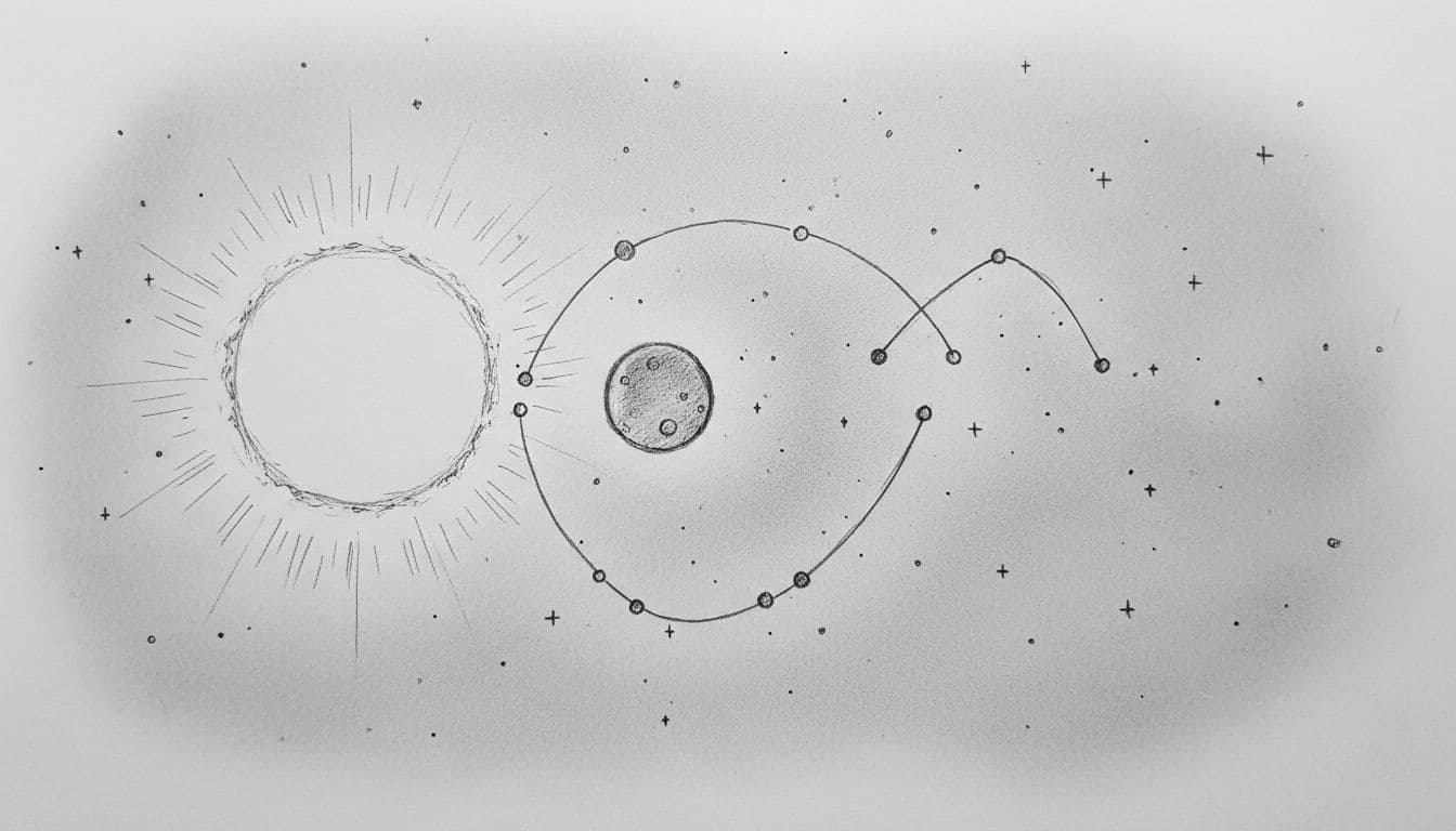 Hand-drawn graphite sketch of Mercury near the Sun on starry night sky tracing retrograde loop.
