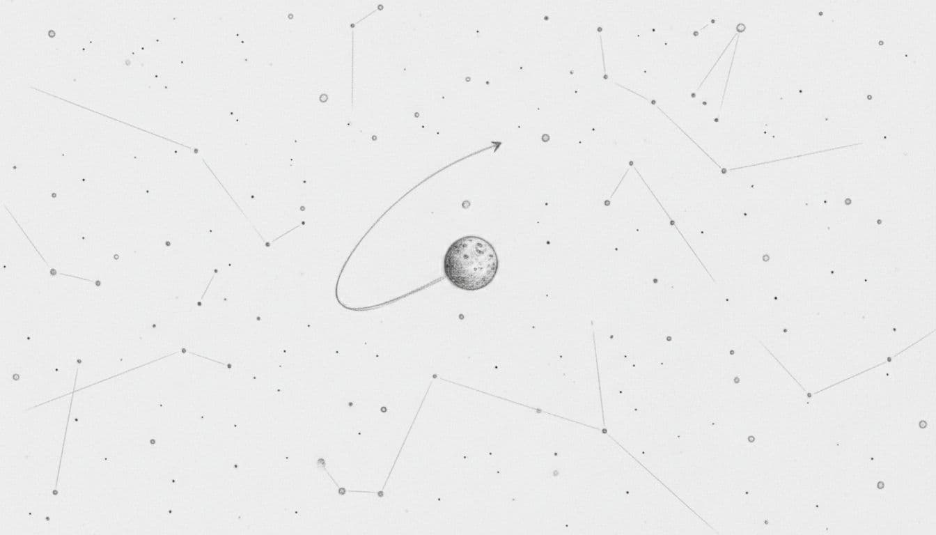 Astronomical hand-drawn graphite pencil sketch of Mercury planet showing retrograde motion with a subtle backward arrow trail against a starry night sky on light gray paper.