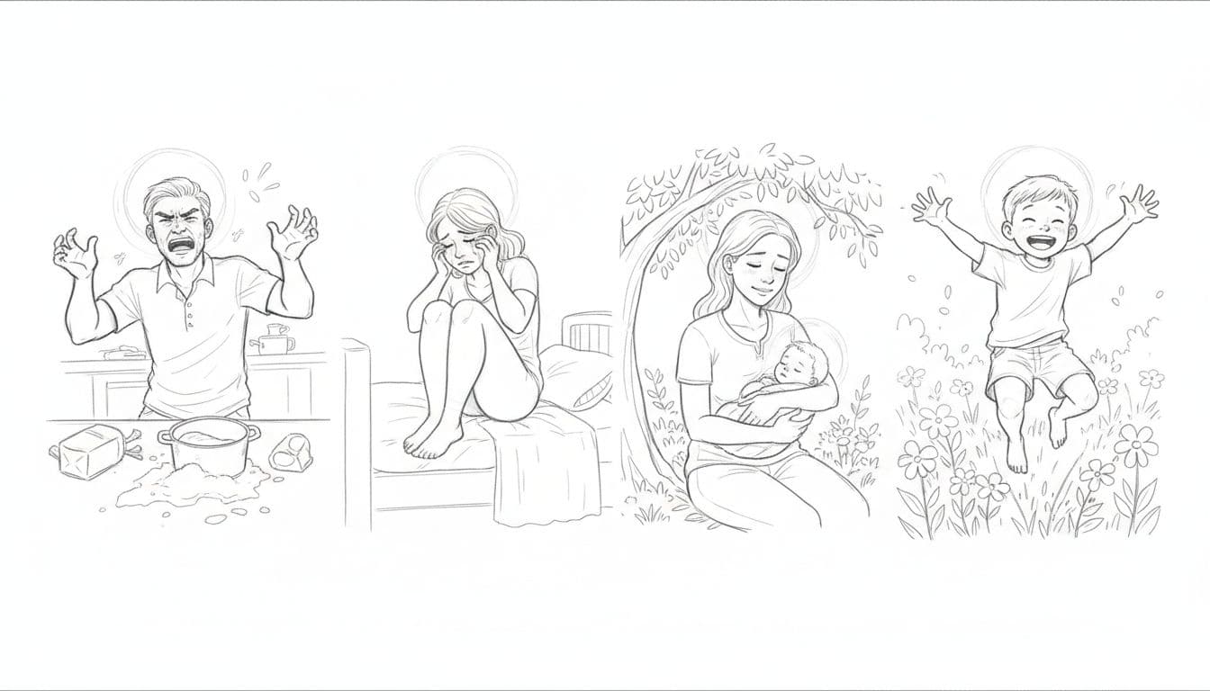 Four diverse figures in everyday situations expressing distinct emotions—angry, crying, caring, laughing—each with a soft lunar glow around the head, arranged in a row in hand-drawn graphite sketch style.