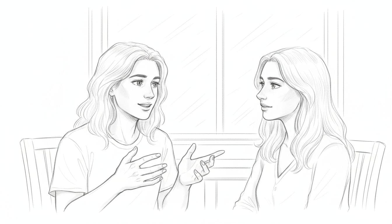 Hand-drawn graphite sketch of two people in an intimate conversation at a living room table, one gesturing relaxedly while the other listens attentively with head tilted, soft moonlight from the window highlighting their emotional faces.