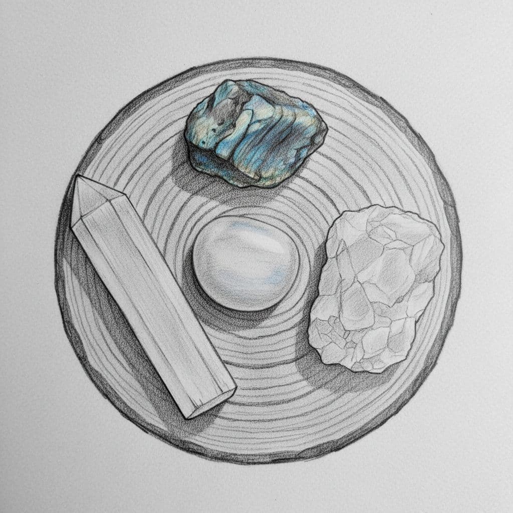 Hand-drawn graphite sketch of four moon-related healing crystals—moonstone, labradorite, selenite, and rose quartz—arranged on a wooden surface with soft natural light in top-down composition.