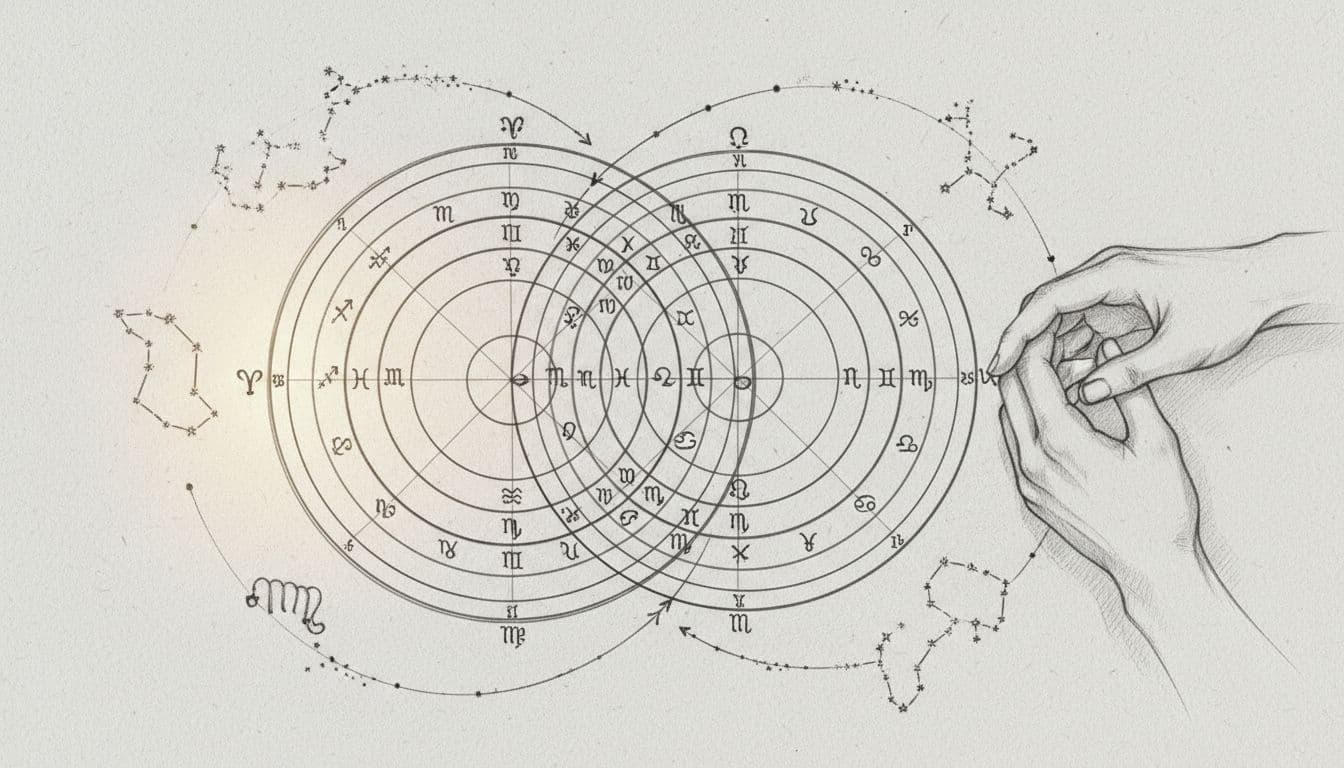 Hand-drawn sketch of two overlapping astrological charts connected by constellation symbols, couple's hands touching nearby on desk.
