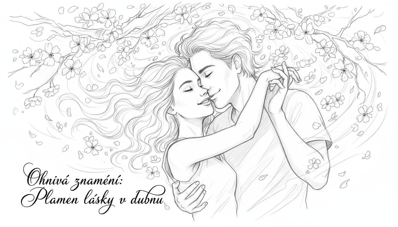 Hand-drawn graphite sketch of a passionate couple dynamically embracing under blooming spring cherry blossoms, close-up on faces and intertwined arms with light shading.