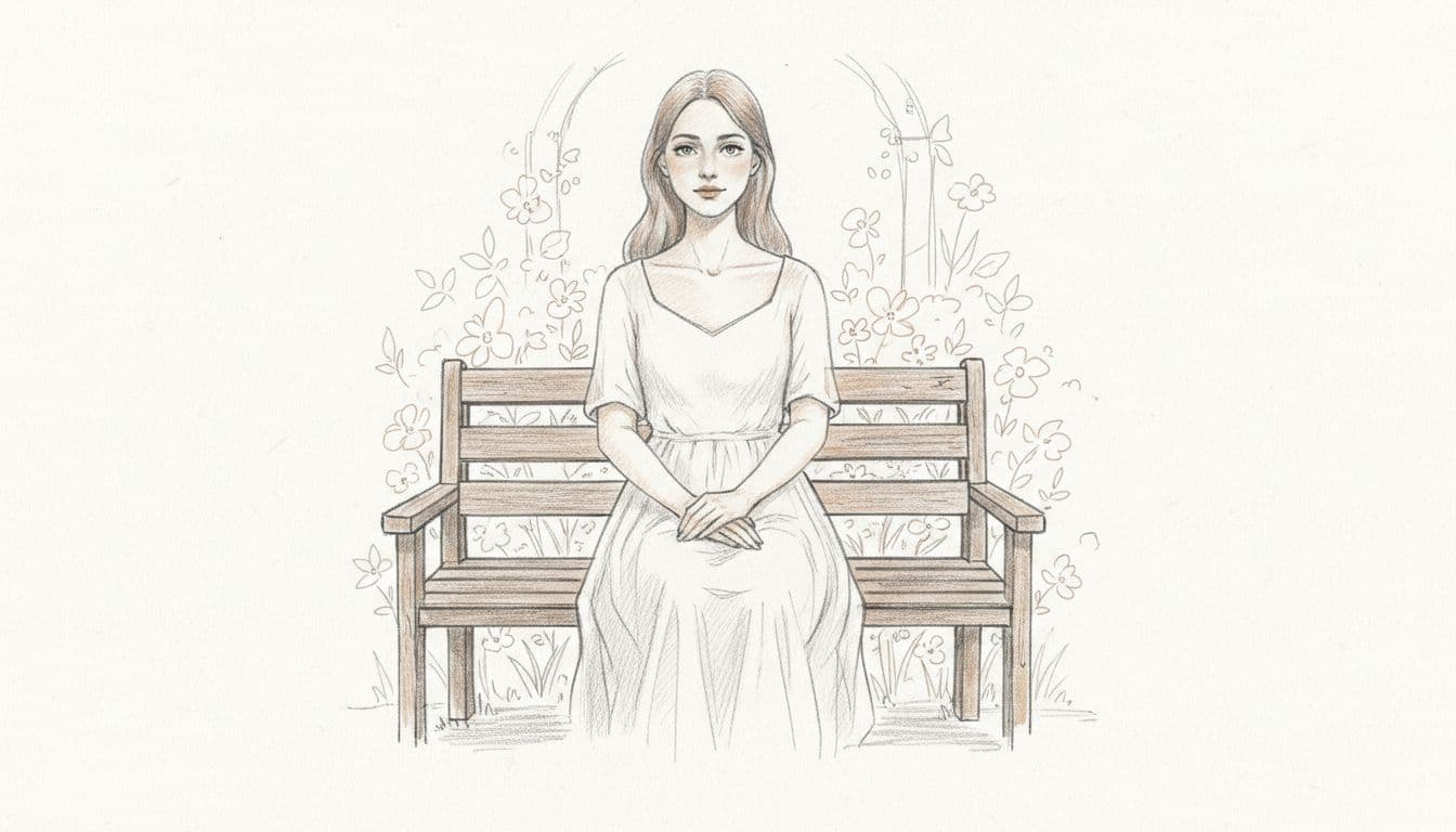 A young woman representing the Taurus zodiac sign sits calmly on a wooden bench in a sunny garden, with hands folded in her lap and a patient, serene expression. Hand-drawn graphite sketch with subtle shading on white background.