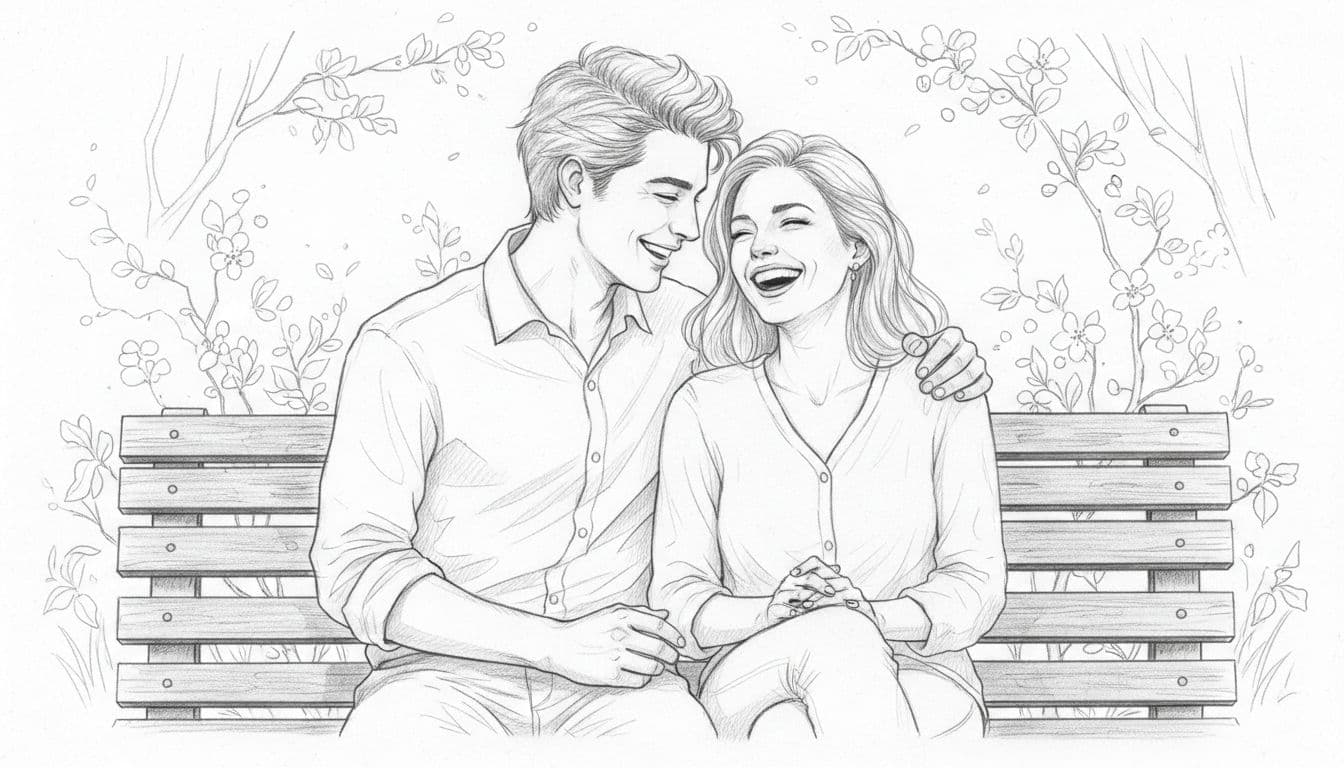 Hand-drawn graphite sketch of a flirtatious couple laughing joyfully on a wooden park bench amid fresh spring foliage, with one leaning close and touching the shoulder lightly.