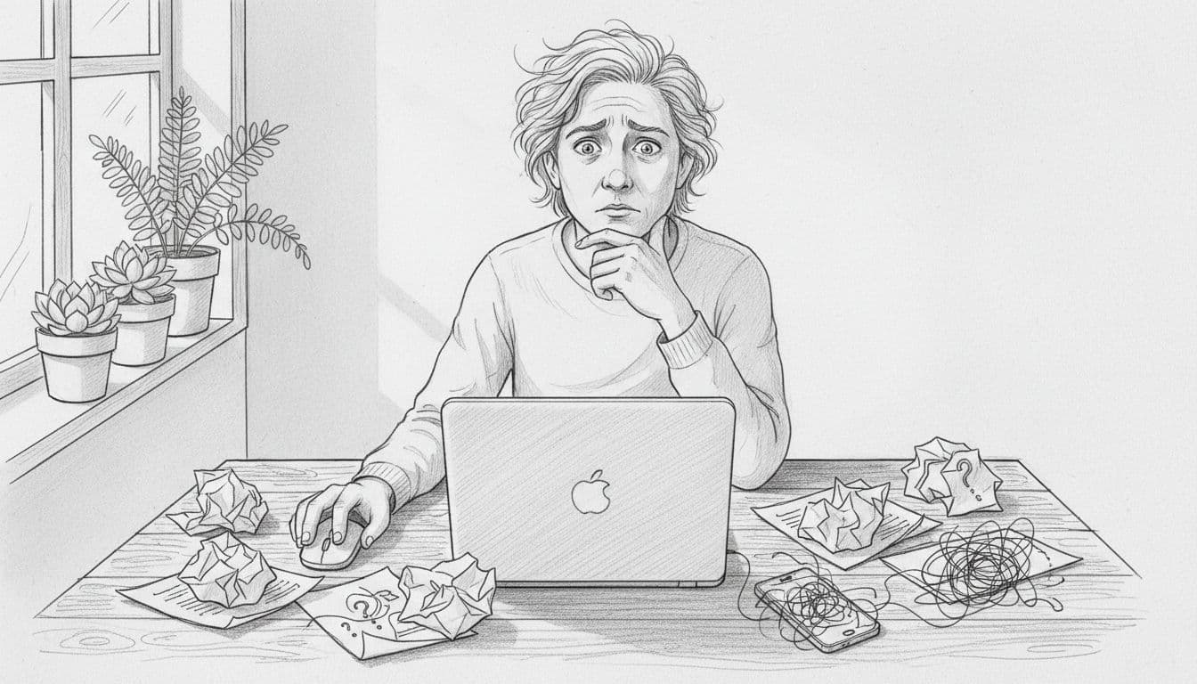 Person at wooden desk with laptop, phone, and scattered papers showing confusion in communication during retrograde Mercury. Cozy home office with thoughtful pose, hand-drawn pencil style.