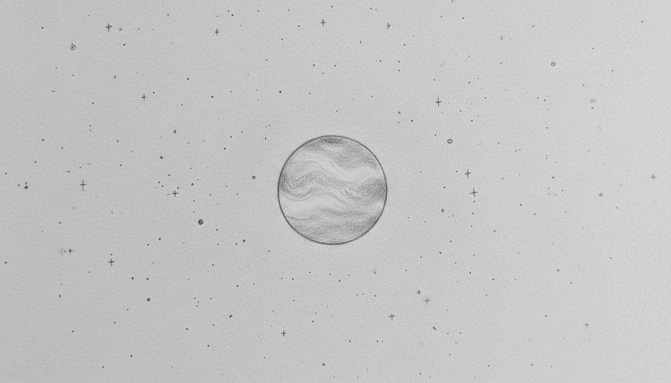 Graphite sketch of glowing Venus amid stars with faint atmosphere on light background.