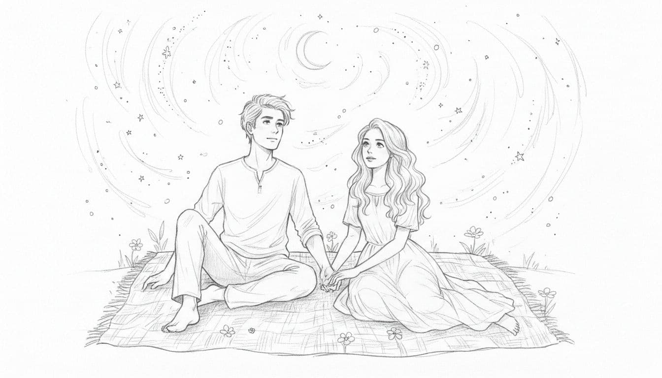 Hand-drawn sketch of man and woman sitting on blanket, holding hands, looking up at starry night sky.