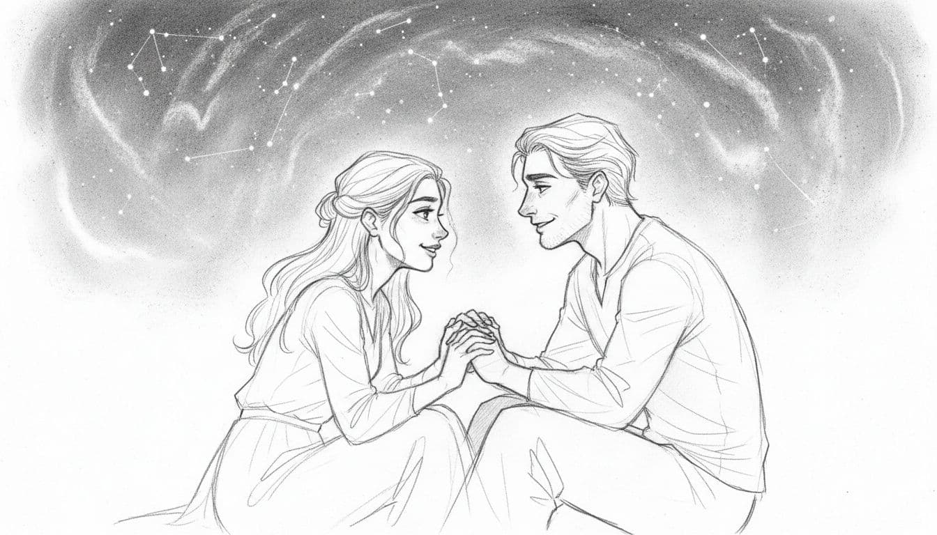 Hand-drawn graphite sketch of a Scorpio couple seated closely under a starry night sky, sharing openly with trusting expressions and relaxed postures on clean white paper.