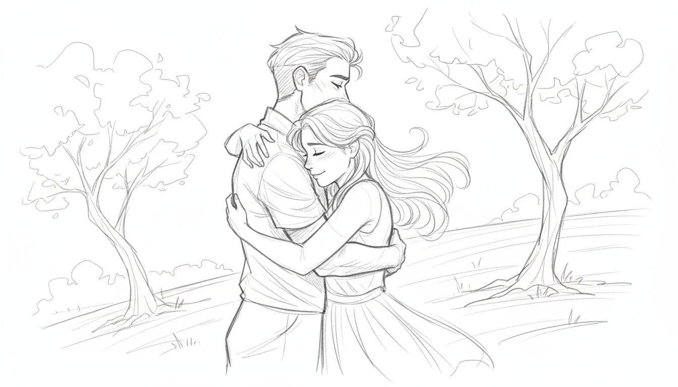 Hand-drawn graphite sketch of a Scorpio person embracing another in forgiveness, side-view heartfelt hug in peaceful park with trees, light shading on white background.