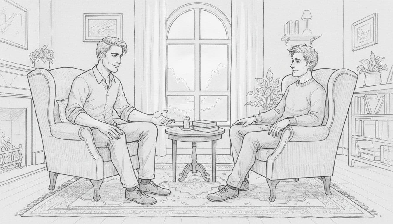 A Scorpio man helps a friend with empathetic advice during a one-on-one conversation in a cozy room, depicted in hand-drawn graphite sketch style with light shading on light gray paper.