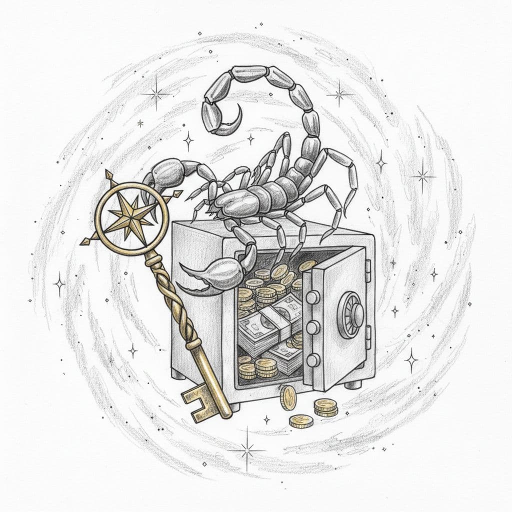 Hand-drawn grayscale sketch of a Scorpio scorpion zodiac symbol coiled around a golden key unlocking a safe filled with banknotes, mystical aura with stars, graphite linework and light shading on clean white background.