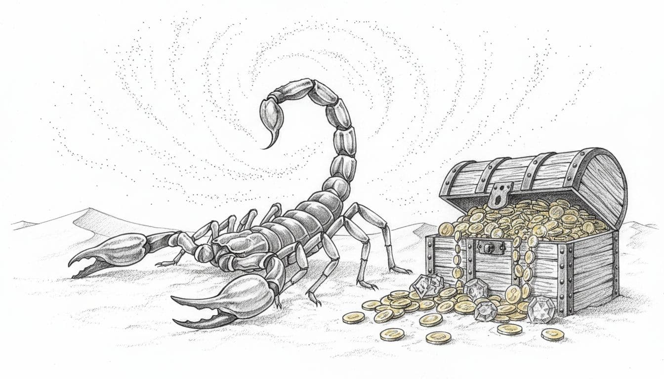 Hand-drawn graphite sketch of a scorpion rising powerfully in a sandy desert landscape, curved tail high, beside a treasure chest spilling gold coins under a starry night sky.