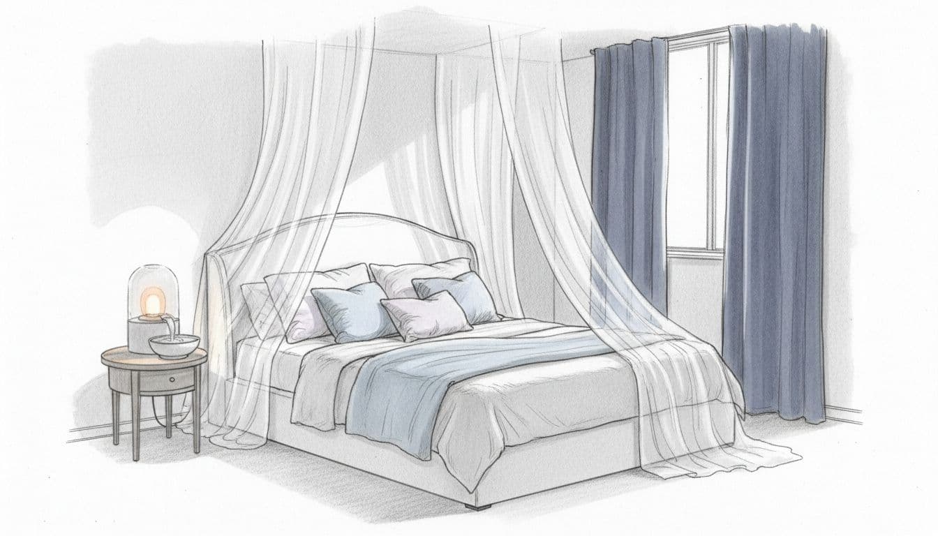 Hand-drawn graphite sketch on white paper depicting a serene, intimate bedroom for water zodiac signs with soft blue and lavender pillows, upholstered bed, flowing fabrics, side table with water feature, dim lamp, and curtained window.