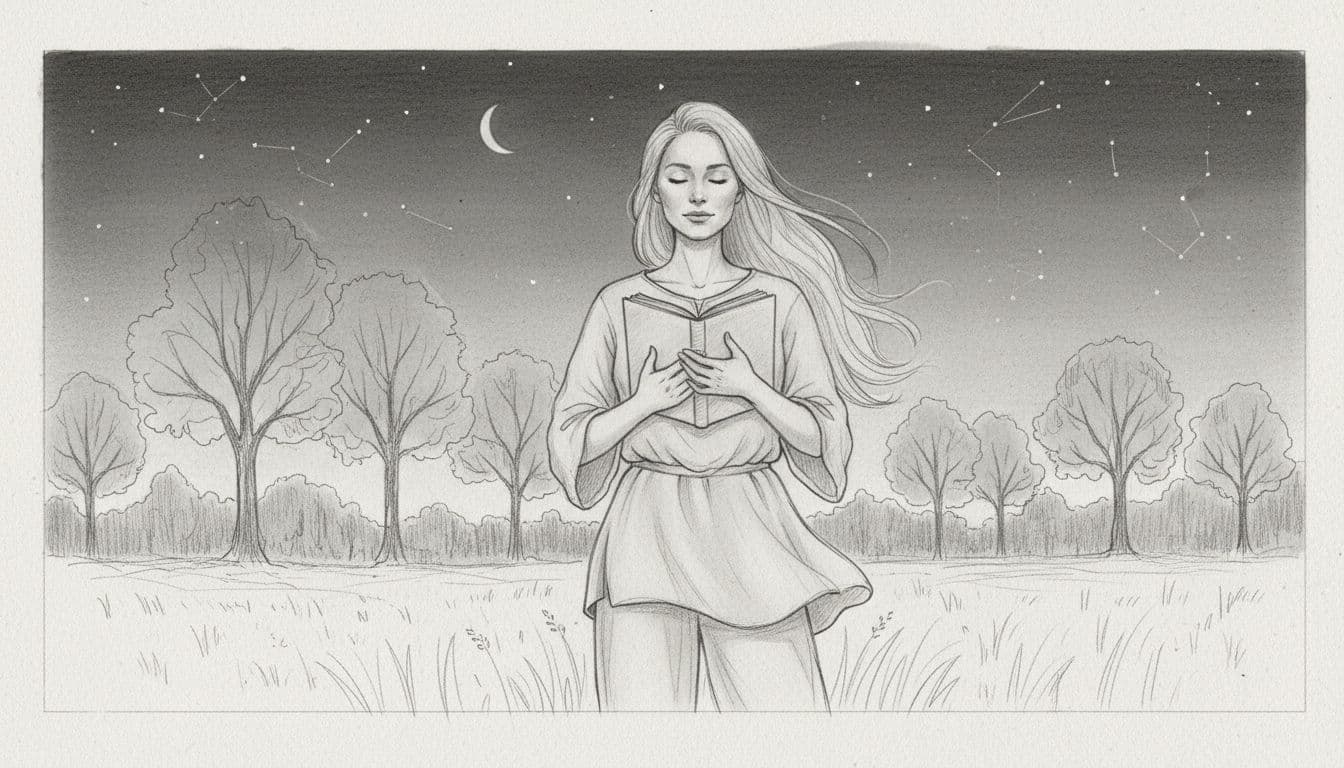 Hand-drawn graphite sketch of a single woman standing relaxed outdoors under a starry dark sky with faint new moon, holding an open journal close to her chest, peaceful expression amid simple trees in background on light gray paper.