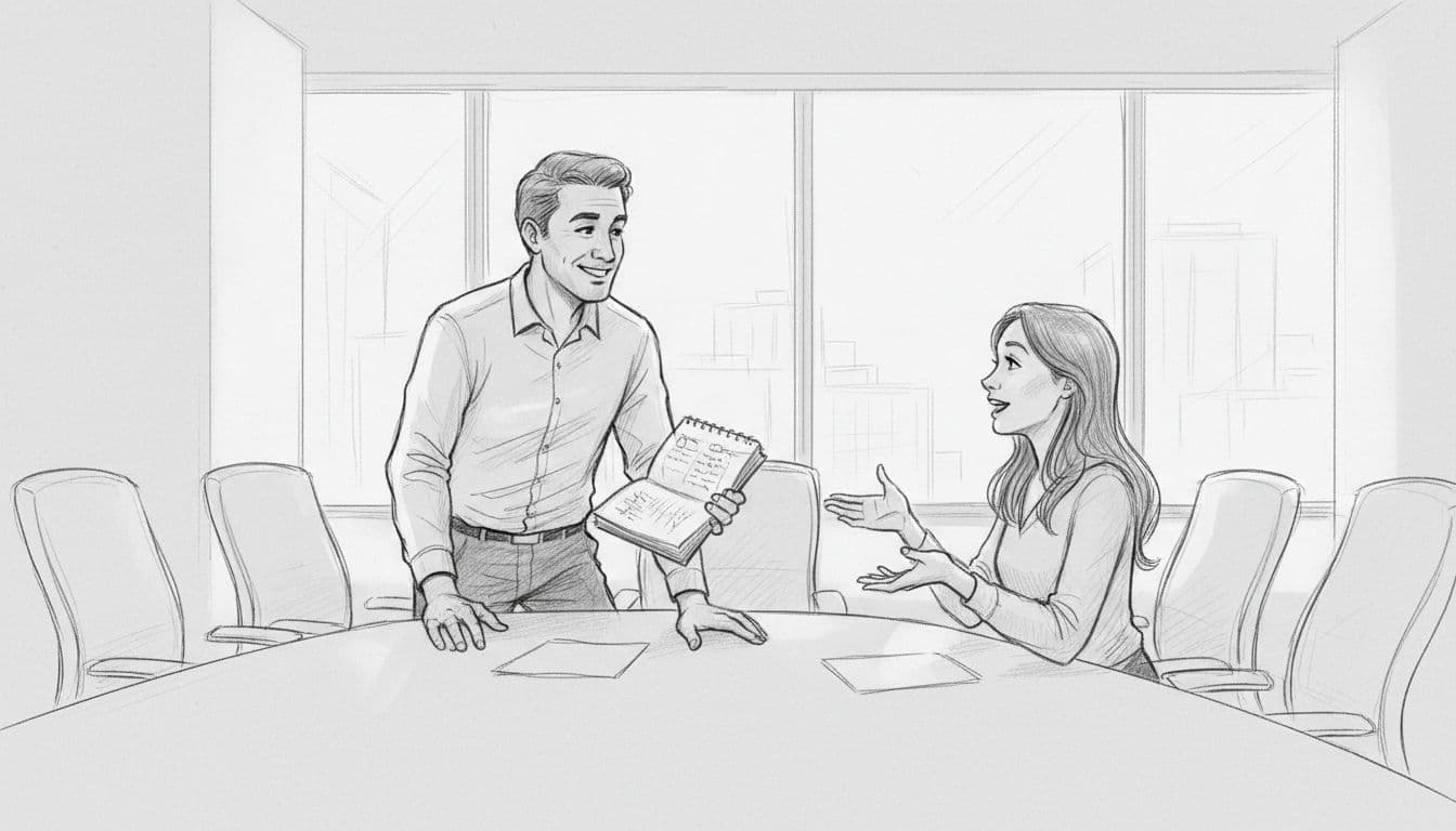 Hand-drawn graphite sketch of a sociable boss gesturing animatedly with notes in a bright office meeting room with chairs around a table, illustrating communicative leaders of air zodiac signs Gemini, Libra, and Aquarius on light gray paper.