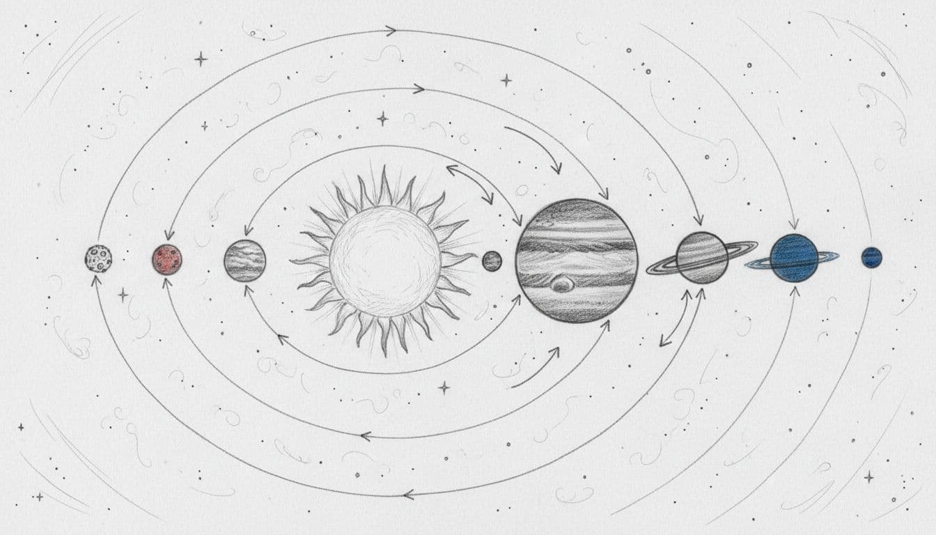 Top-down sketch of solar system with planets on orbits around Sun, arrows showing retrograde motion, starry background.