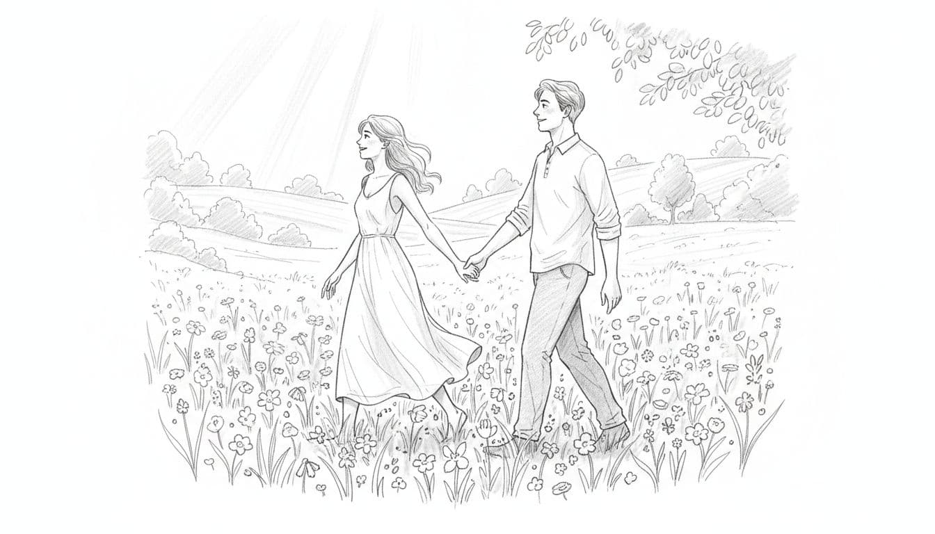 Hand-drawn graphite sketch of a stable couple holding hands, walking side-profile through a lush green meadow dotted with spring flowers, calm happy faces under gentle sunlight.