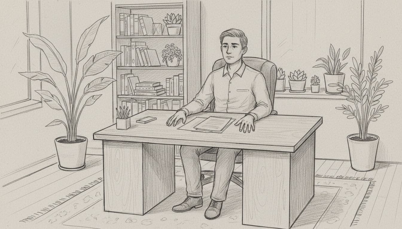 Hand-drawn graphite sketch of a calm, stable boss reviewing documents at a wooden desk in a cozy office with plants, light shading on gray paper.