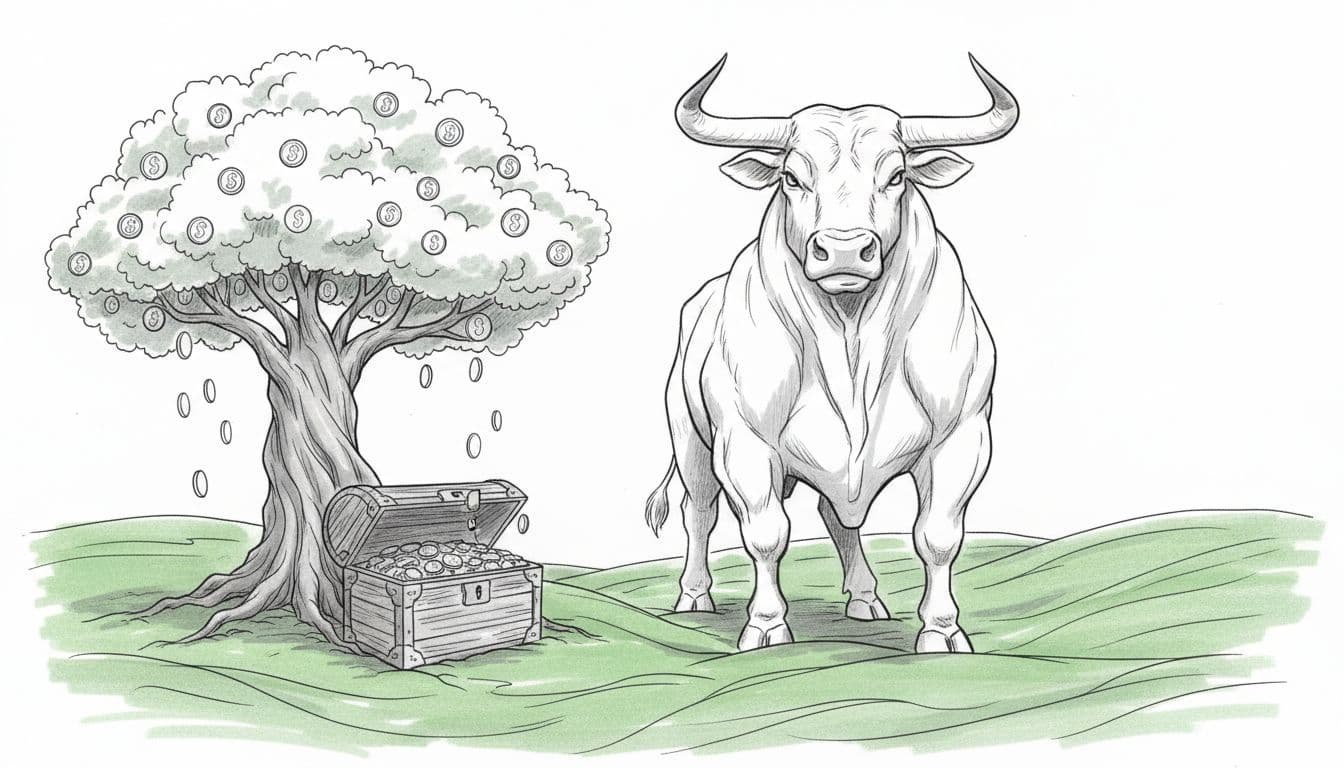 A powerful bull stands firmly on a fertile green field next to a large money tree with coins falling into an open treasure chest. Hand-drawn graphite sketch style with light shading on white background.