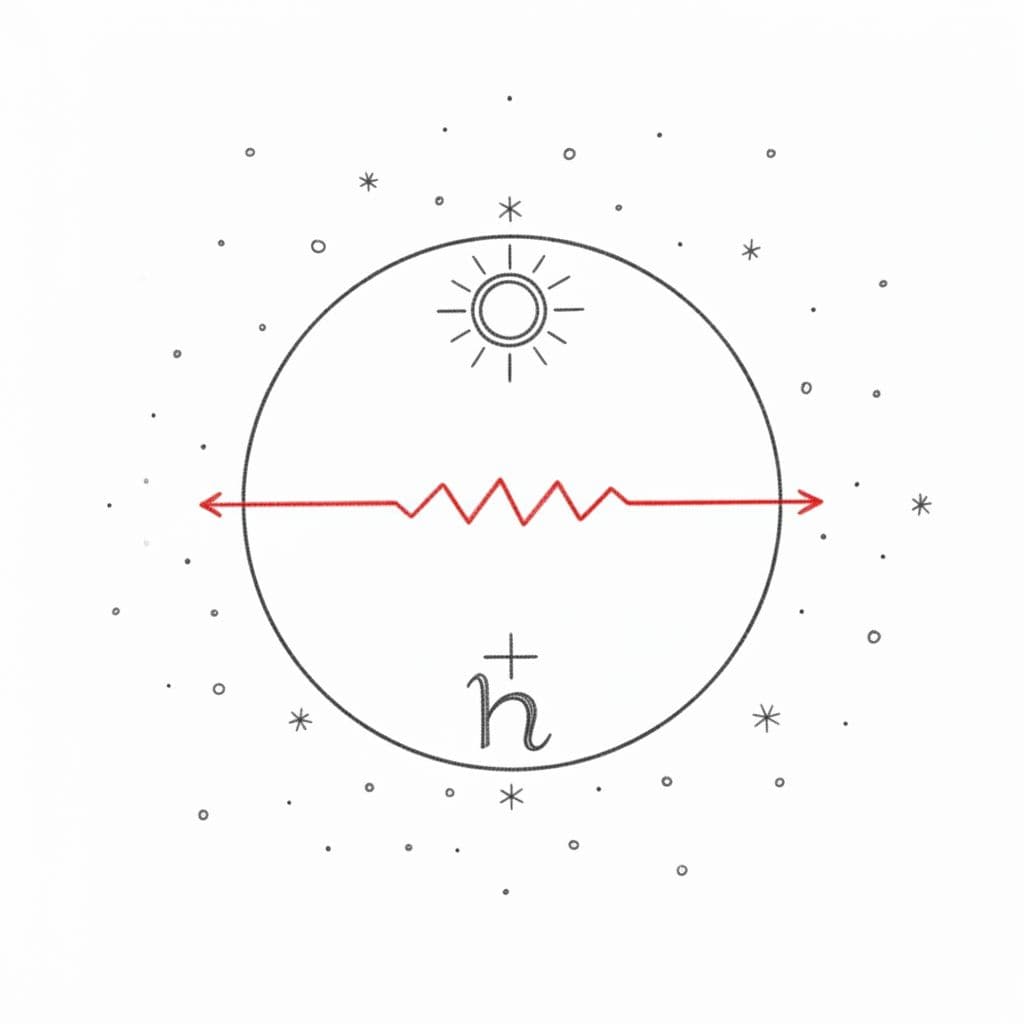 Sun and Saturn astrological symbols oppose across circular map, joined by red tense line amid stars.