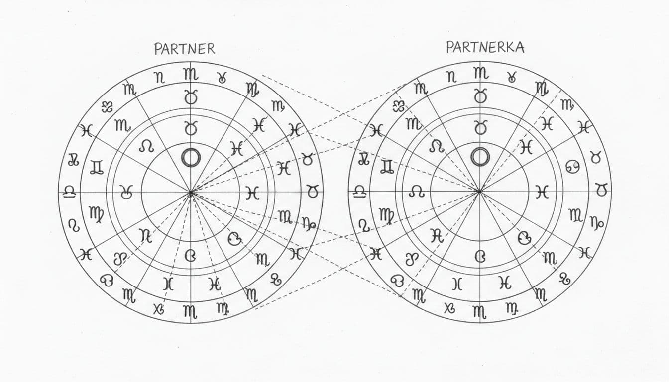 Two hand-drawn circular astrological charts side by side on white paper, linked by thin lines showing planetary aspects.