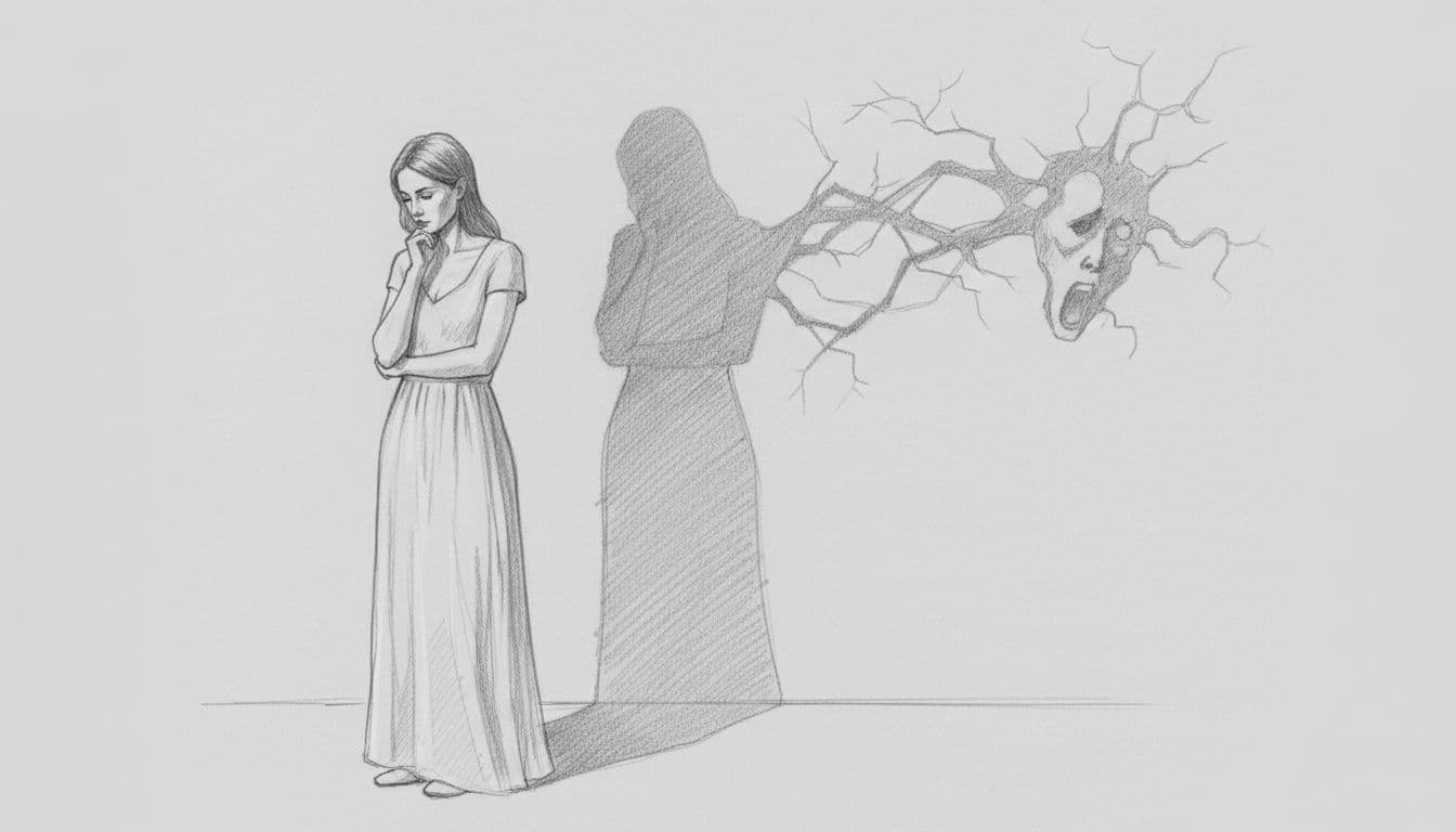 Hand-drawn sketch of a person standing thoughtfully with hand on chin, elongated shadow on wall in different shape.