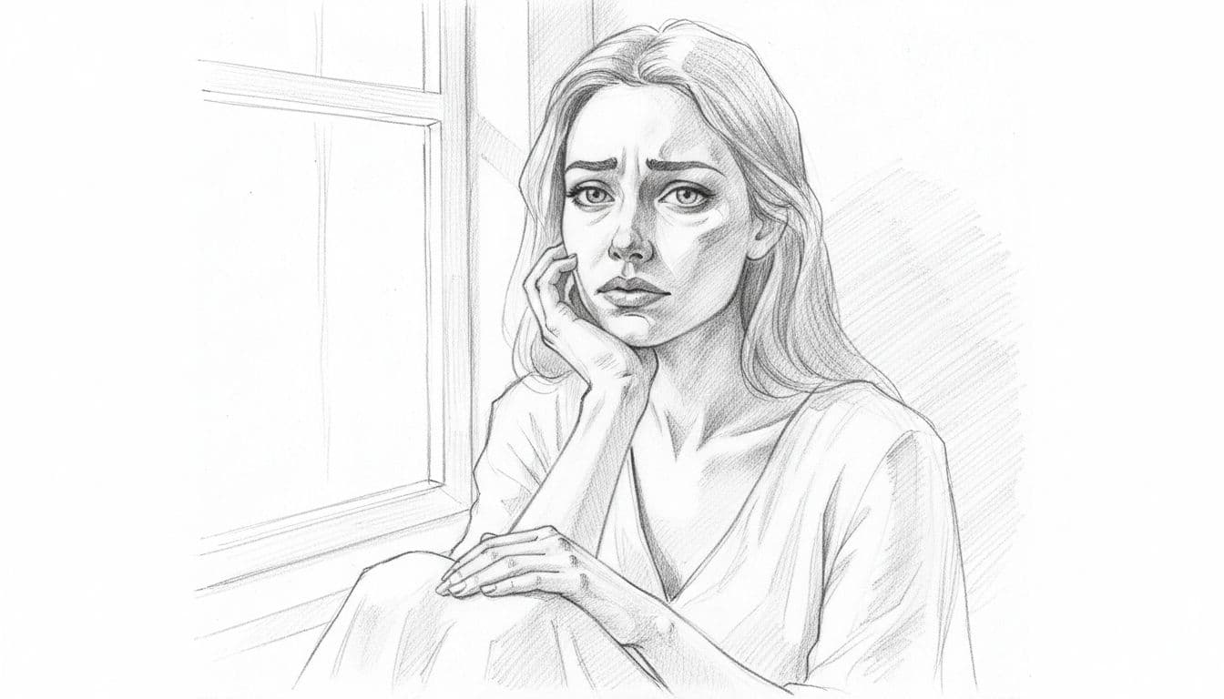 Hand-drawn graphite sketch of an intense-eyed Scorpio zodiac woman in a thoughtful pose by a window with soft light, close-up on expressive face showing emotional depth, clean white background.