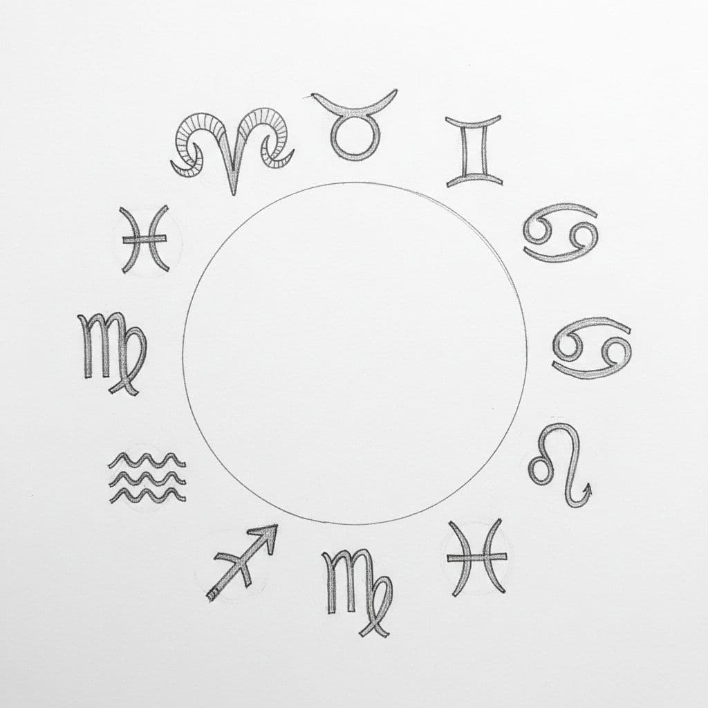 Hand-drawn sketch of the 12 traditional zodiac symbols, including Aries and Taurus, arranged evenly in a circle with simple linear graphite linework, light shading, on a clean white paper background, no text or names.
