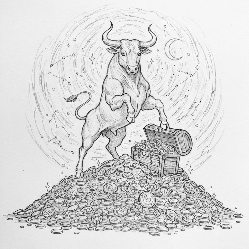Hand-drawn grayscale sketch of Taurus bull zodiac symbol standing atop a pile of gold coins with hoof on treasure chest, starry night sky, graphite linework and light shading on white paper.
