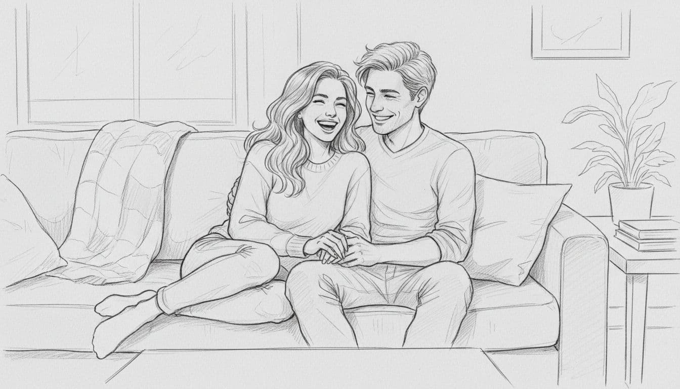 Hand-drawn graphite sketch of a warm Scorpio woman laughing affectionately with her partner on a cozy living room couch, light shading on clean light gray paper background.
