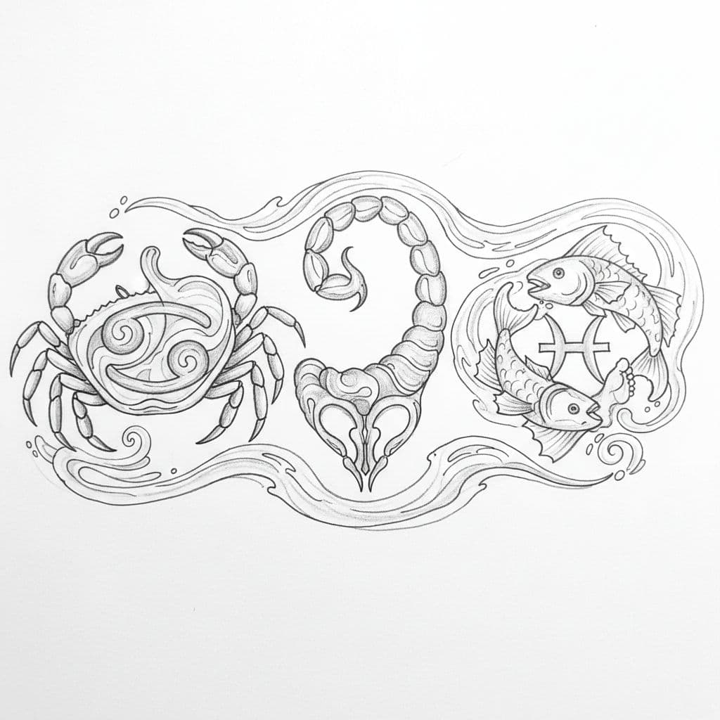 Graphite linework sketch shows Cancer crab on stomach, Scorpio scorpion at genitals, Pisces fish on feet amid waves and ripples.
