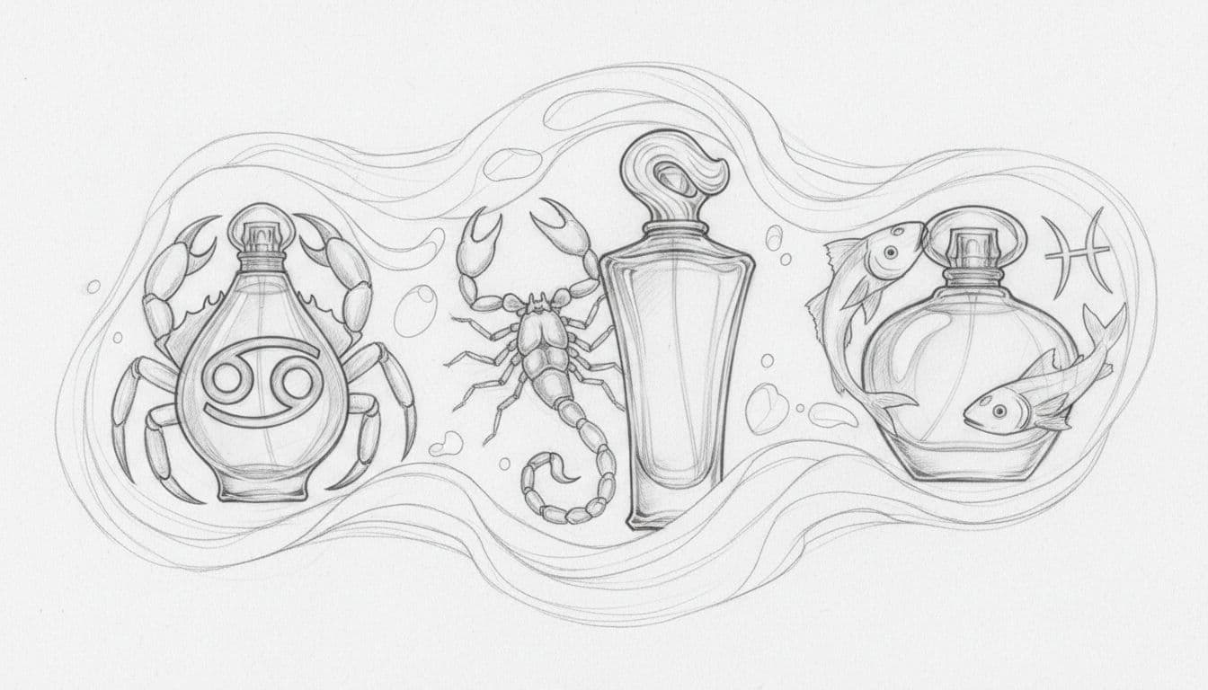 Hand-drawn graphite sketch of Cancer crab, Scorpio scorpion, and Pisces fish symbols enveloped in gentle waves with fluid perfume bottles on light gray paper, serene flowing composition with light shading.