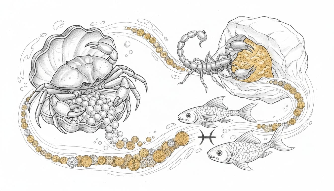 Graphite sketch of Cancer crab guarding pearl shell, Scorpio scorpion striking gold vein, Pisces fish in coin river.