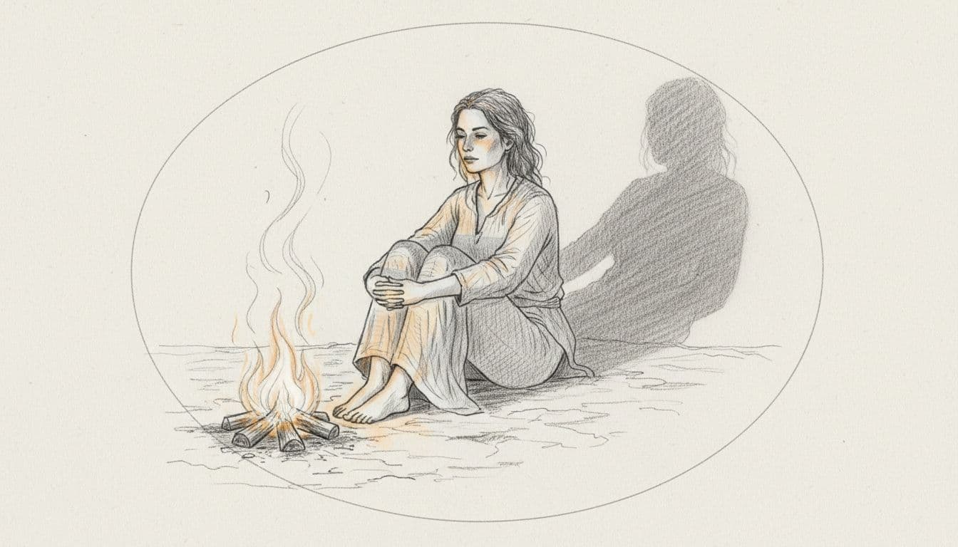 Hand-drawn sketch of a single woman sitting relaxed by a small nighttime fire, hugging her shadow on the ground, symbolizing intimate self-reflection and integration of Lilith's shadow energy.