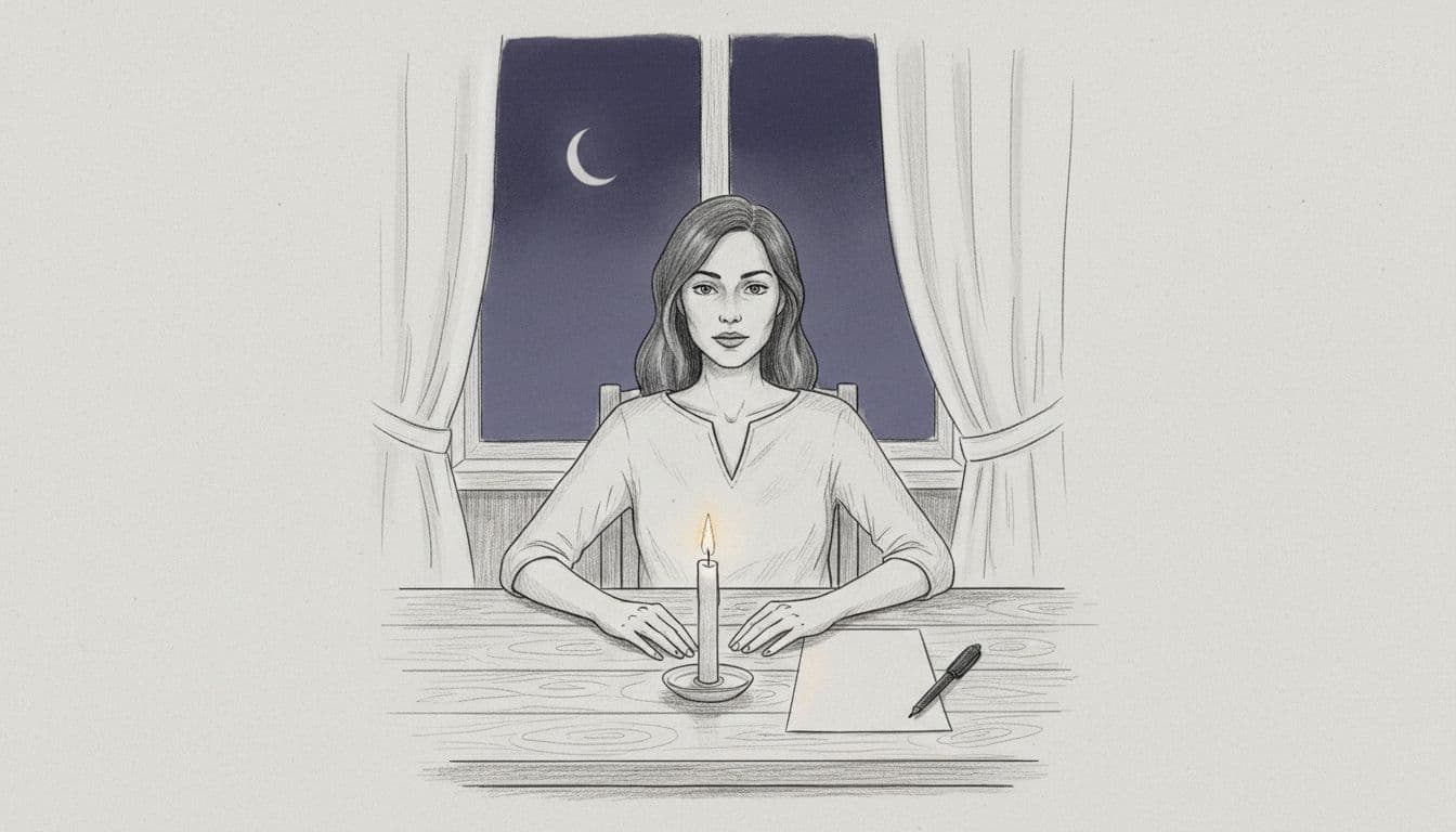 Hand-drawn graphite sketch of a woman sitting relaxed at a wooden table in a cozy room, with a single candle lit, blank paper and pen nearby, and a window revealing a dark night sky with subtle new moon crescent, emphasizing calm preparation.