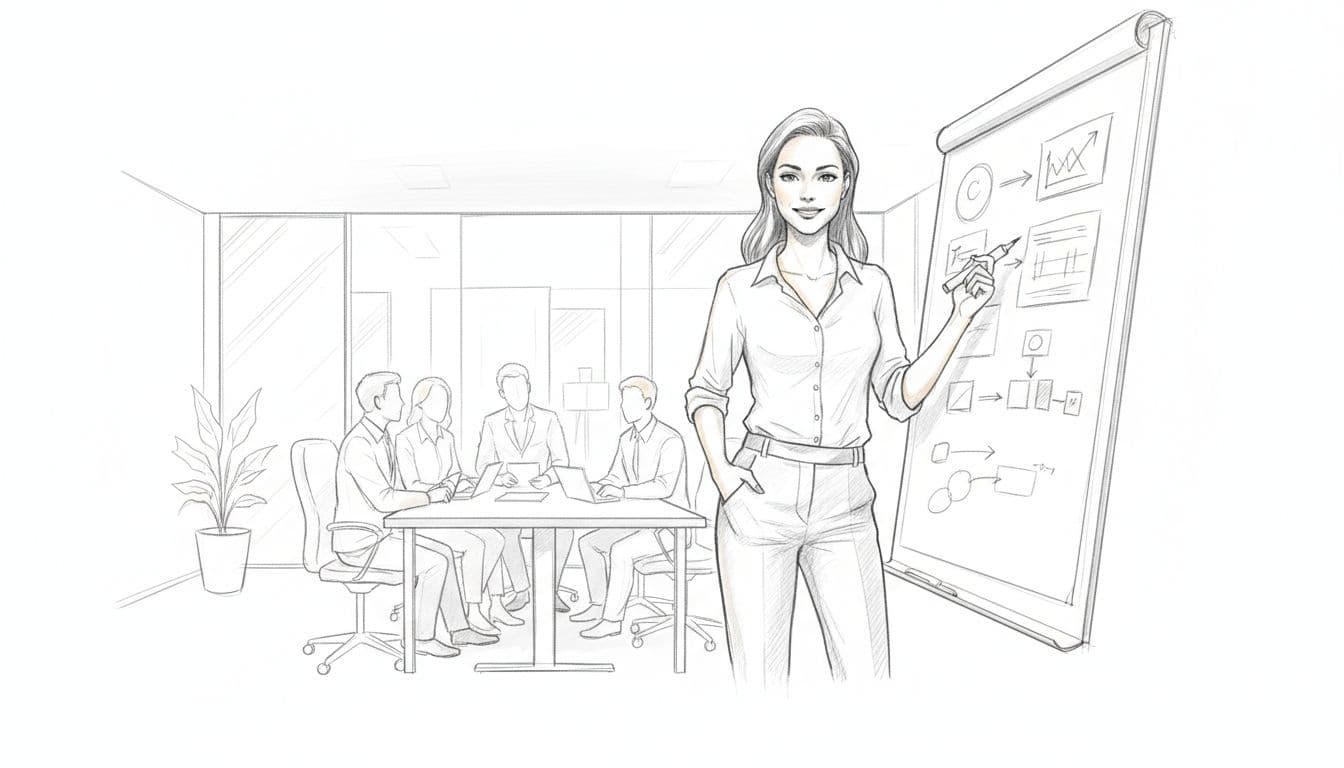 Hand-drawn graphite sketch of one young professional in dynamic pose leading a small team meeting in modern office at whiteboard with marker, energetic atmosphere on clean white background.