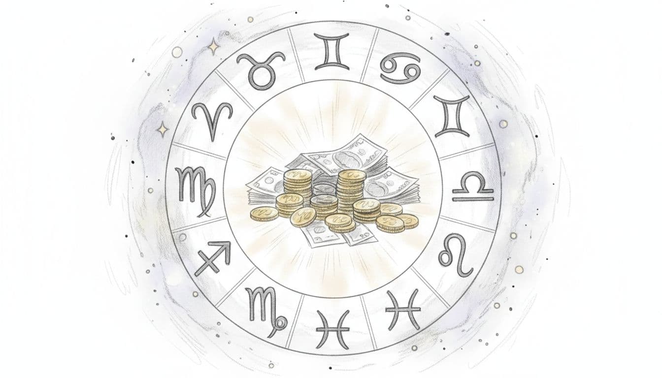 Zodiac symbols arranged in a circle around a glowing pile of gold coins and banknotes, cosmic stars in the background, hand-drawn graphite sketch style with light shading on white paper, grayscale with subtle tones.
