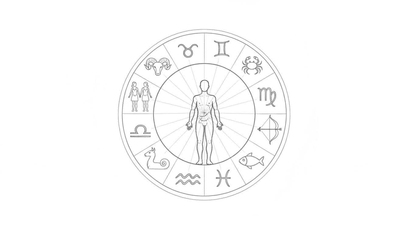 Graphite linework sketch of zodiac wheel around central human silhouette with lines connecting signs to body parts.